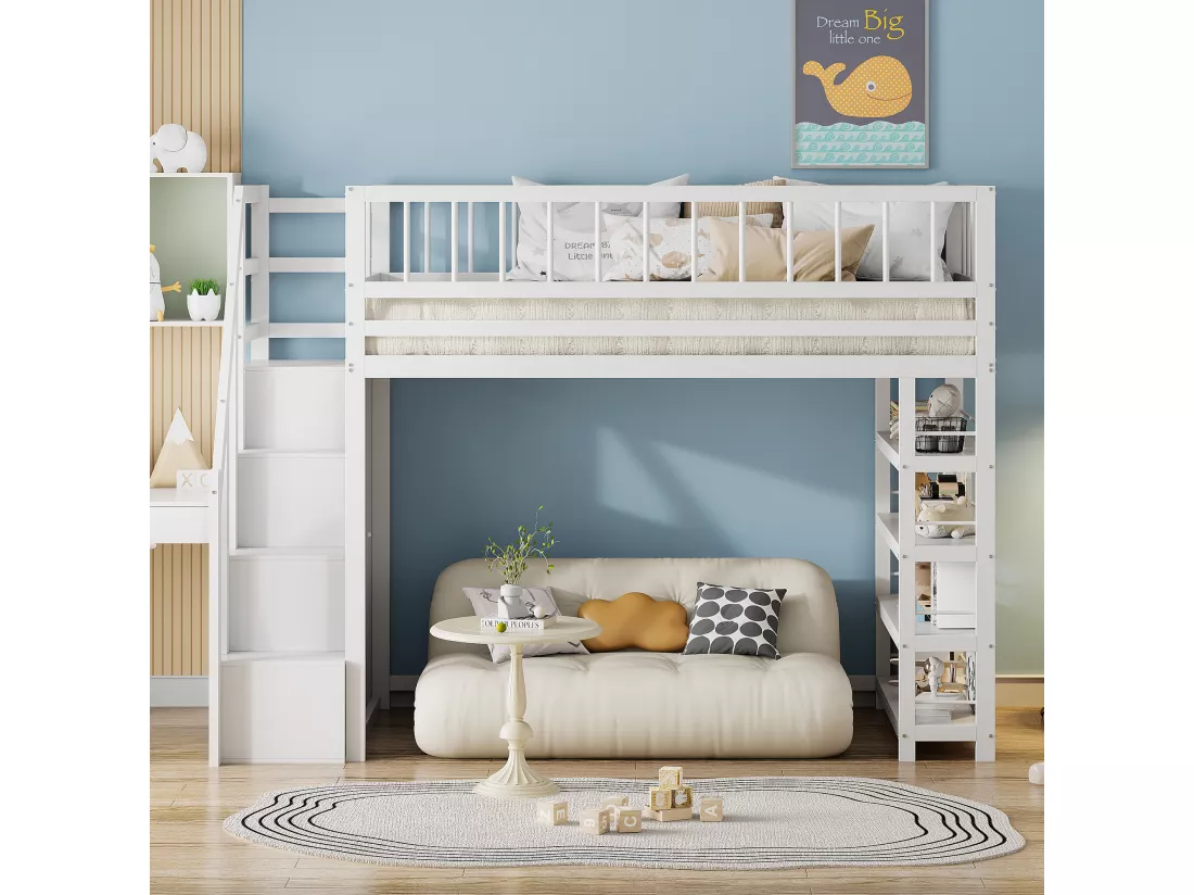Lit mezzanine 90x200 cm - avec étagères et échelle de rangement - en bois massif - Blanc