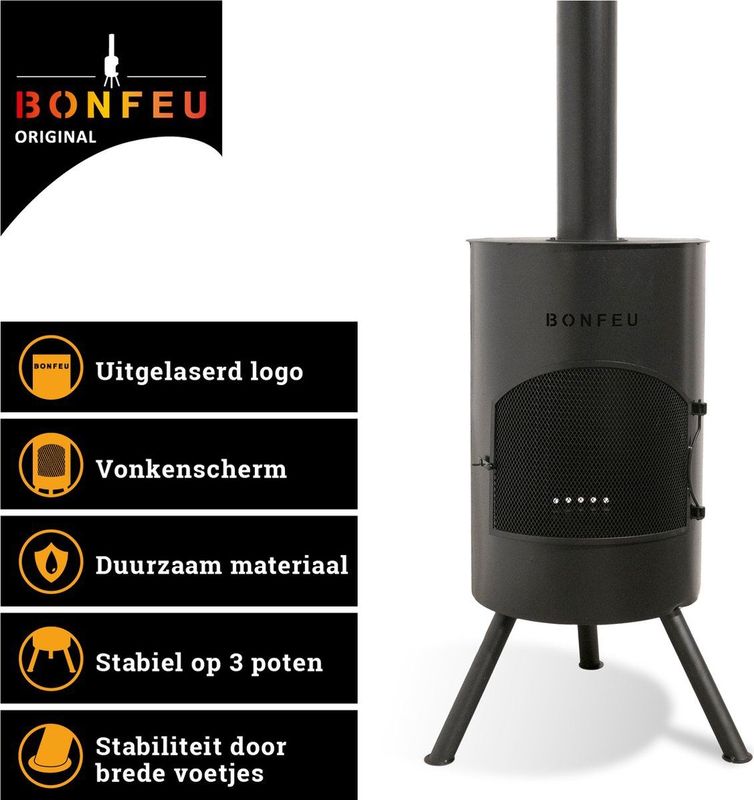 BonFeu BonTon 40 Zwart Tuinhaard Staal - Houtkachel met Vonkenscherm - Tuinkachel voor Sfeervolle Avonden - 40x40x145 cm