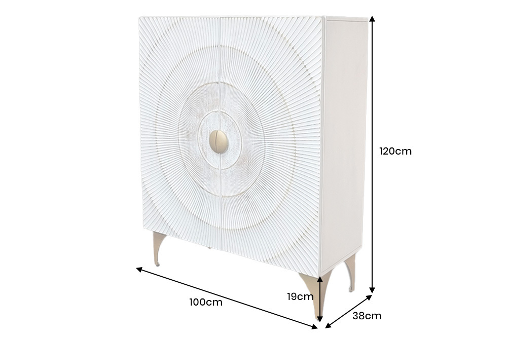 Massives Highboard GOLDEN SUNSET 120cm weiß gold Mangoholz mit 3D Schnitzereien