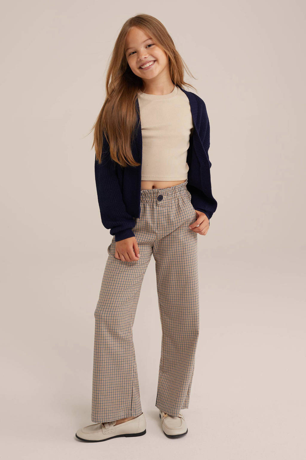 WE Fashion geruite straight fit broek beige/bruin/donkerblauw