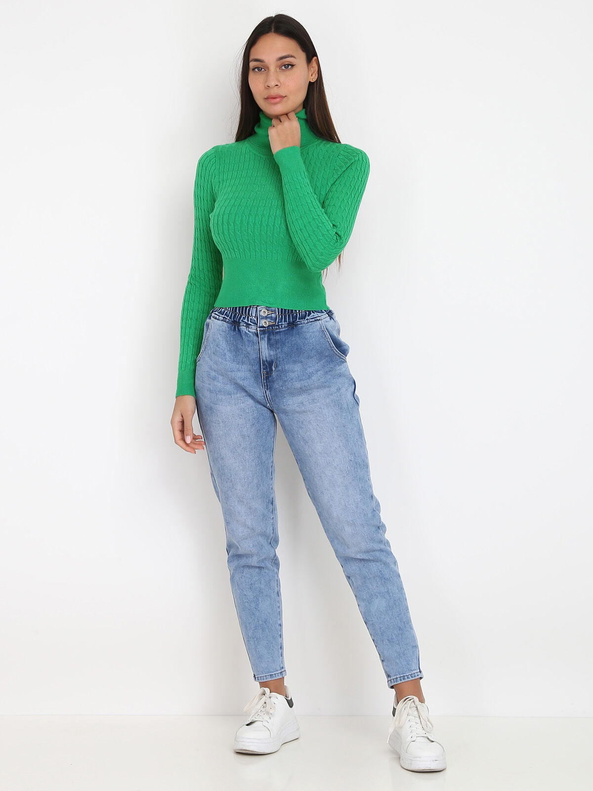 Pull en maille torsadée et col roulé- Vert