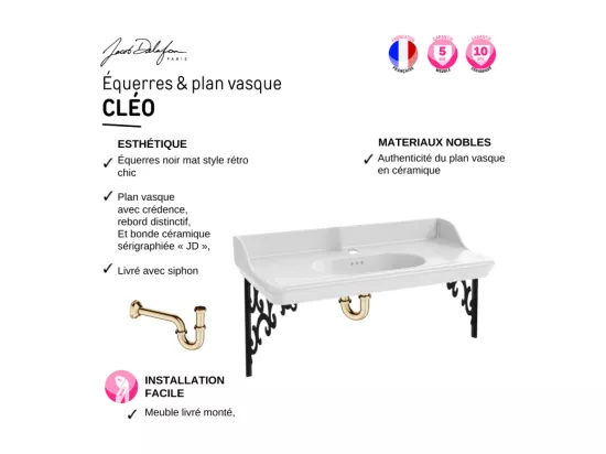 Pack plan vasque suspendu JACOB DELAFON Cléo 1889 + colonne droite + miroir + robinet or + siphon or
