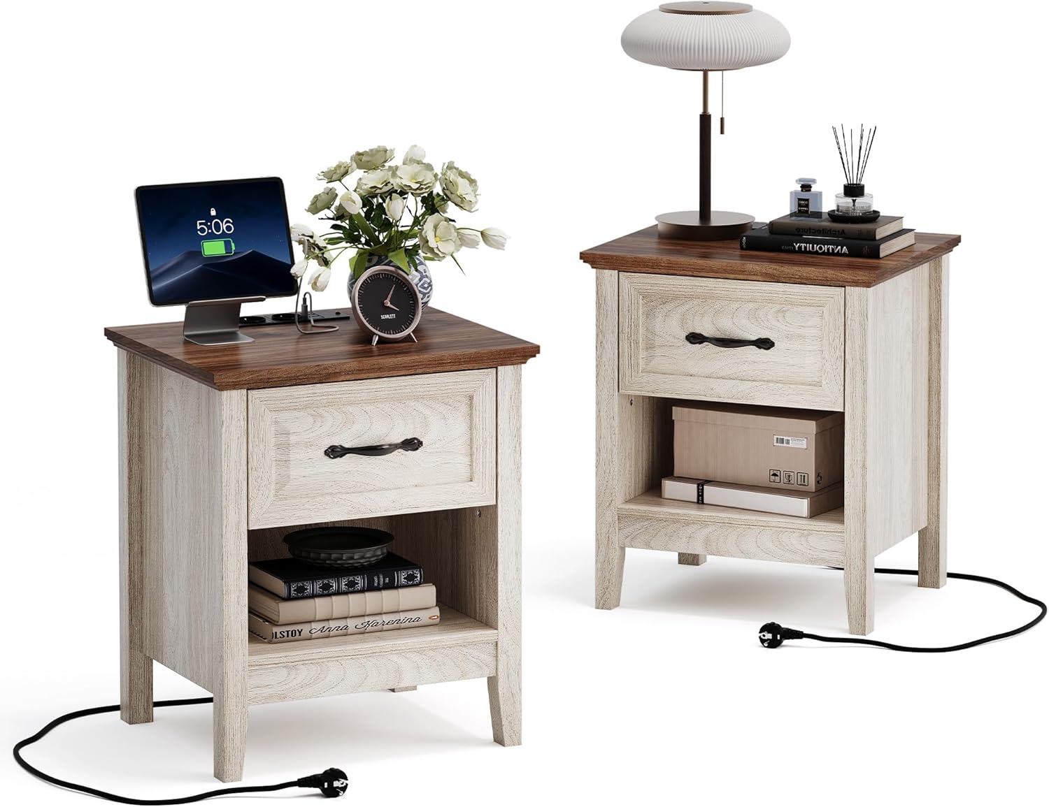 LINSY HOME Nachttisch 2er Set, Farmhouse Holz Nachttisch mit Open Storage Regal, Nachttische mit Steckdose, Beistelltisch Endtisch für Schlafzimmer Wohnzimmer Sofa Couch Büro 48 x 40 x 53 cm, Beige