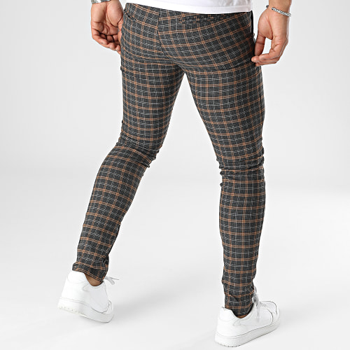 Pantalon Chino A Carreaux Bleu Marine Marron