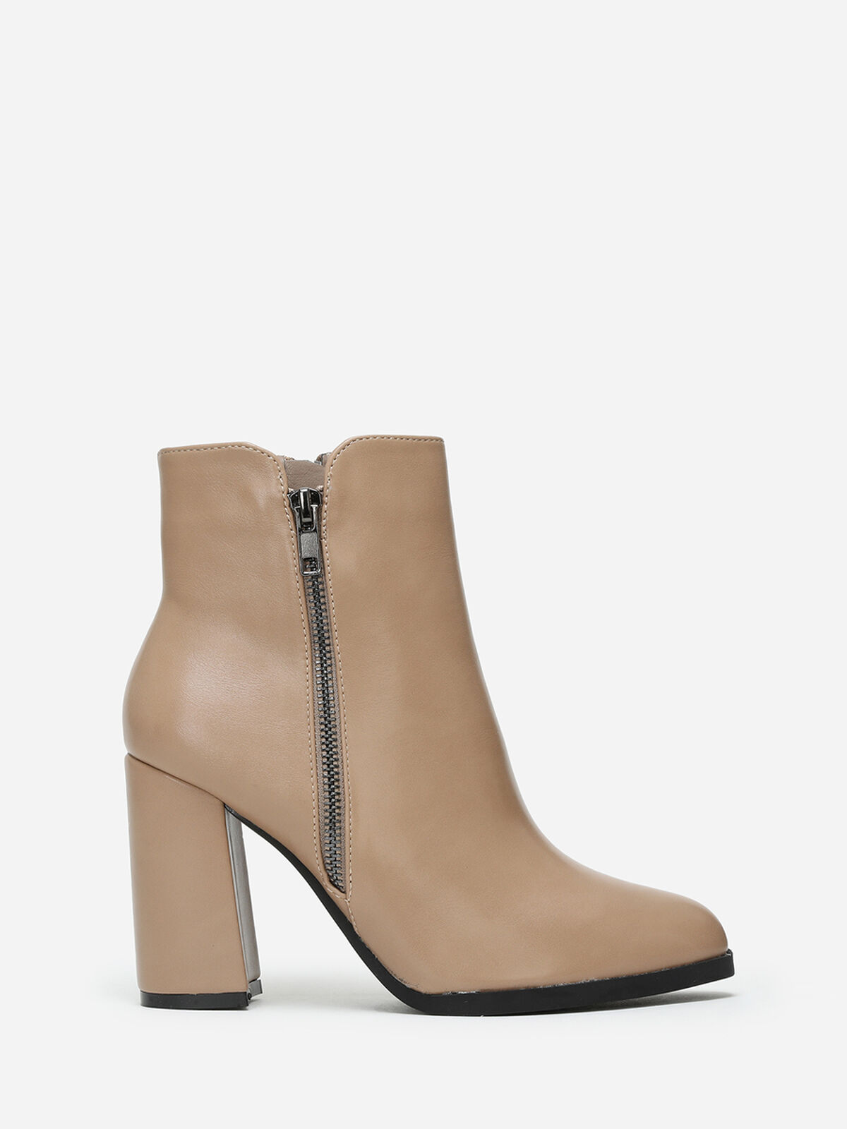 Bottines zippées à talon carré- Taupe