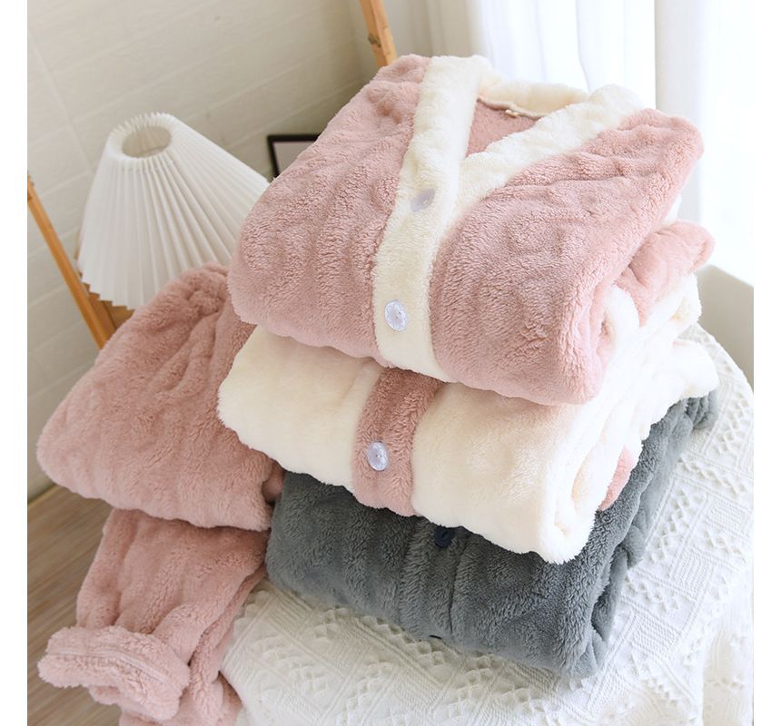 molpes - Bijpassende pyjamaset voor koppels: flanellen top met lange mouwen en knopen + broek