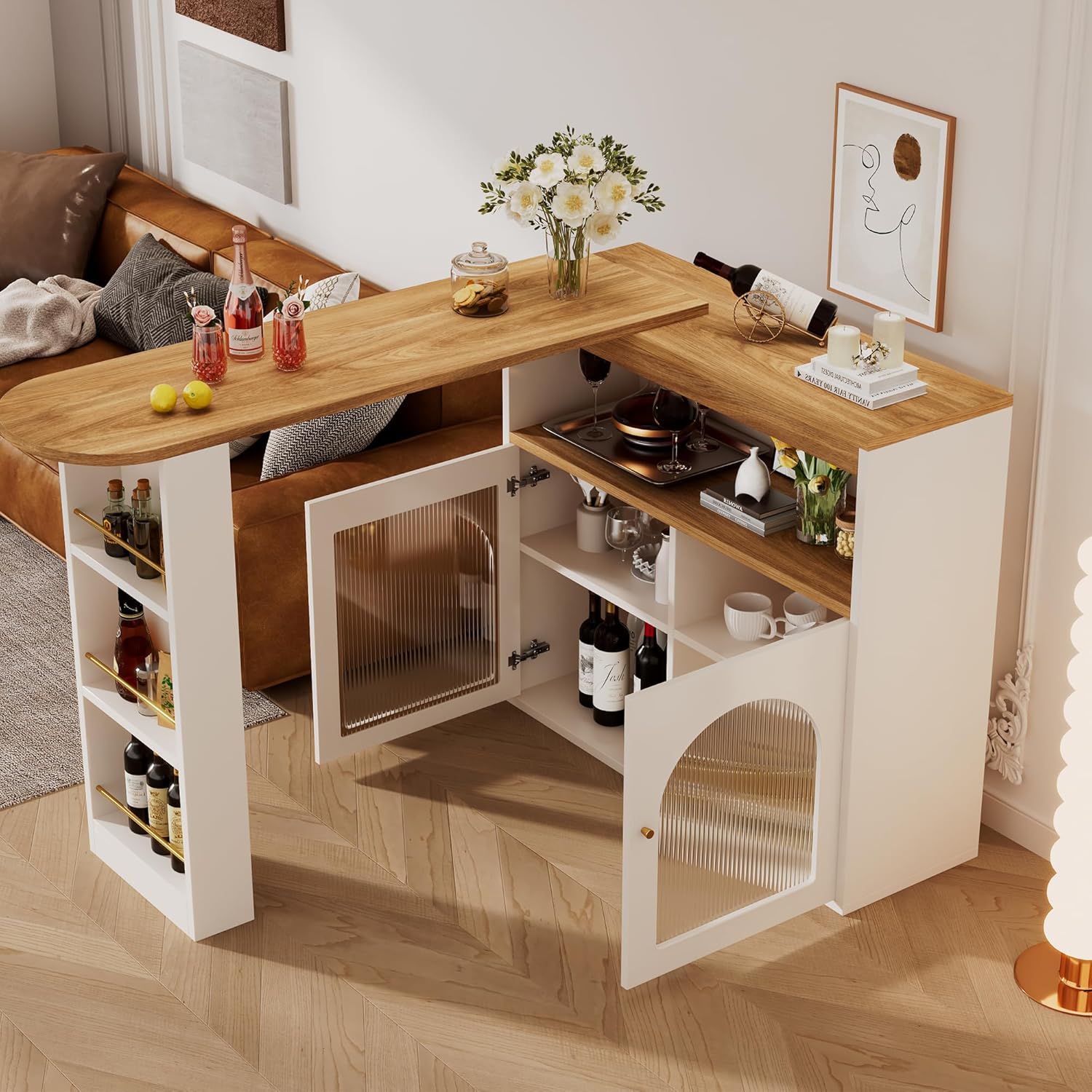 Moderner ausziehbarer Bartisch,Ausziehbarer Esstisch mit Stauraum, Stehtisch Bistrotisch, drehbar, für Esszimmer,Mit 1m langem LED (Weiß)