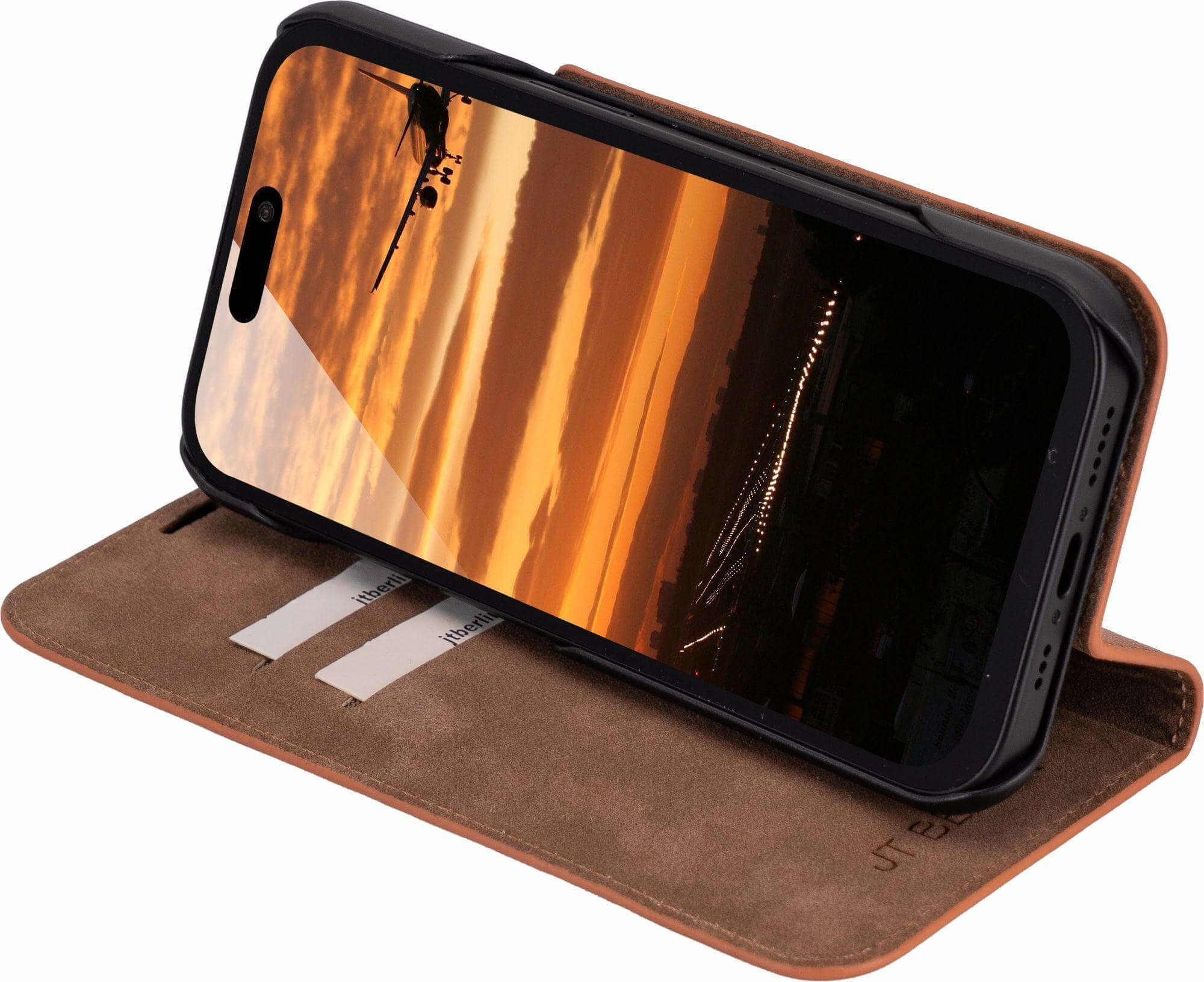 iPhone 17 Echtleder Bookcase Hülle Tegel (11127) - Braun (Cognac)