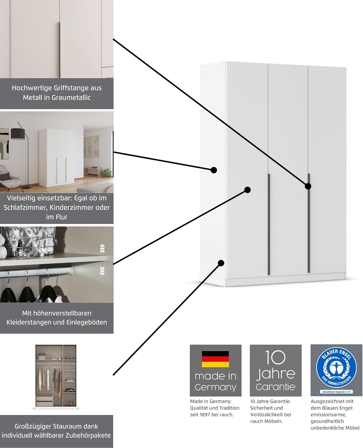Rauch Möbel Alabama, Kleiderschrank, Garderobenschrank, 2-türig, Zubehör Basic, 1 Kleiderstange, 1 Einlegeboden, Farbe Grau metallic, Schwarz, Griff Grau metallic, 91x210x54cm