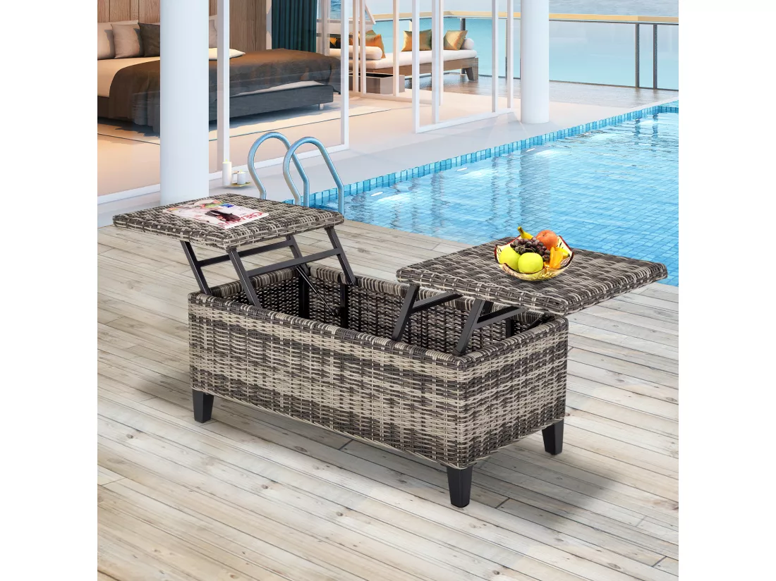 Table basse de jardin style cosy chic - table basse relevable - métal époxy résine tressée imitation rotin gris