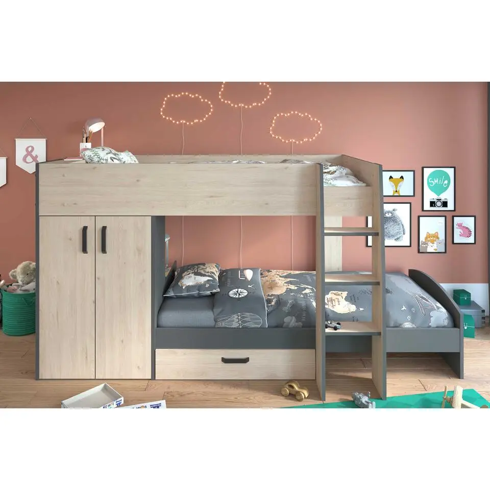 Stapelbed Stim met kast & lade - eik/grijs