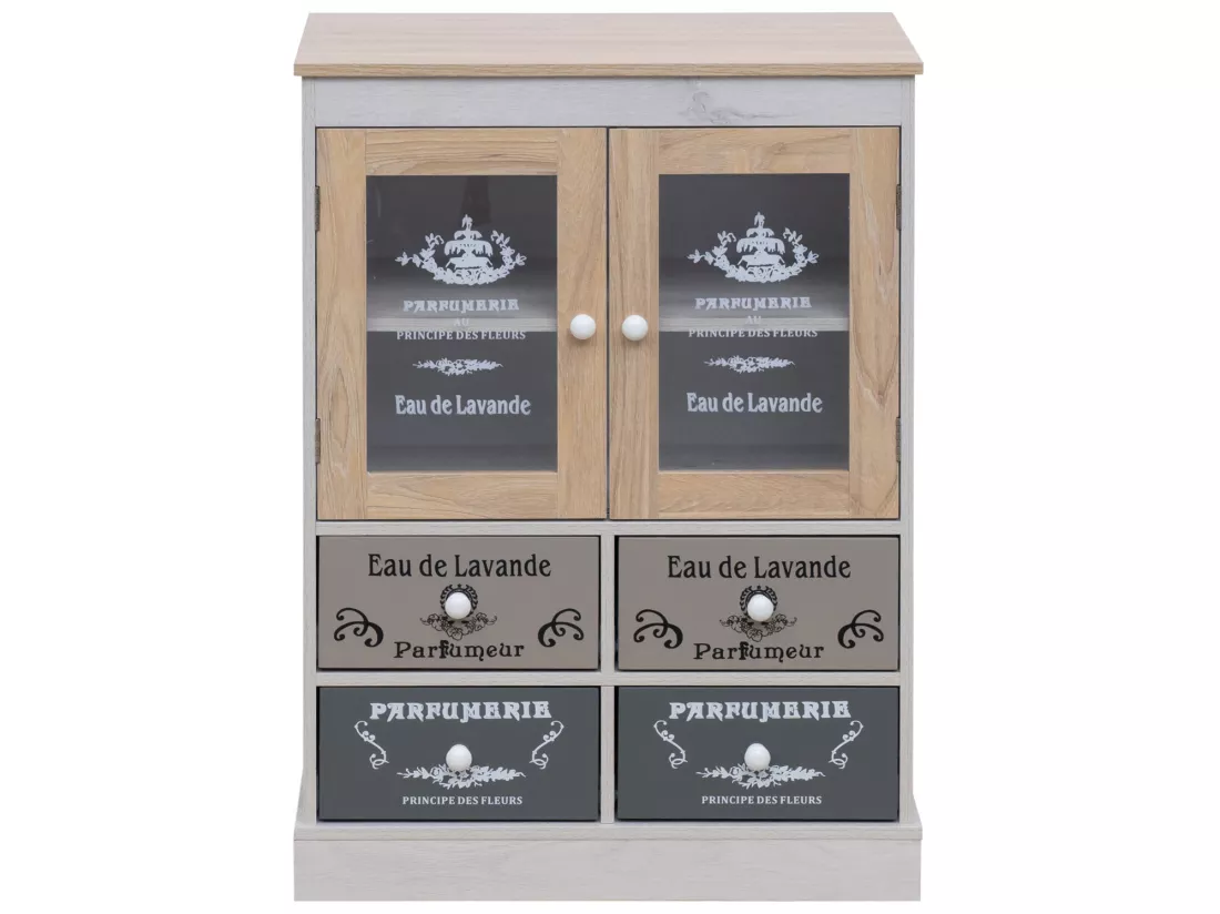 Armoire Vitrine Shabby 4 Tiroirs et 2 portes en Bois Blanc Beige Gris