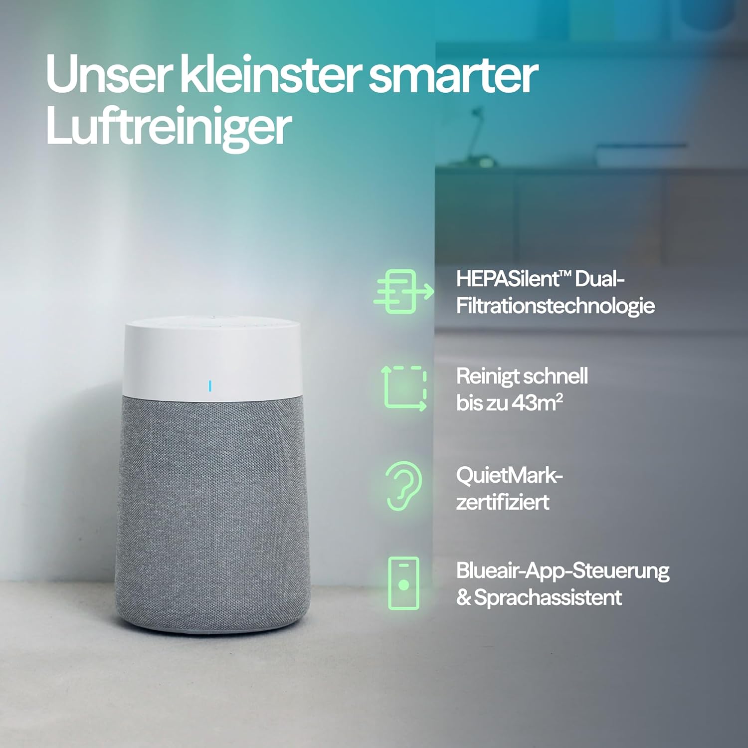 BLUEAIR Luftreiniger für Räume bis 43 m² – Smart, Leise, HEPASilent Technologie, Ideal für Zuhause, Schlafzimmer, Kinderzimmer, Gegen Staub, Allergene, Rauch, Schimmel, Tierhaare – Blue Pure 511i Max