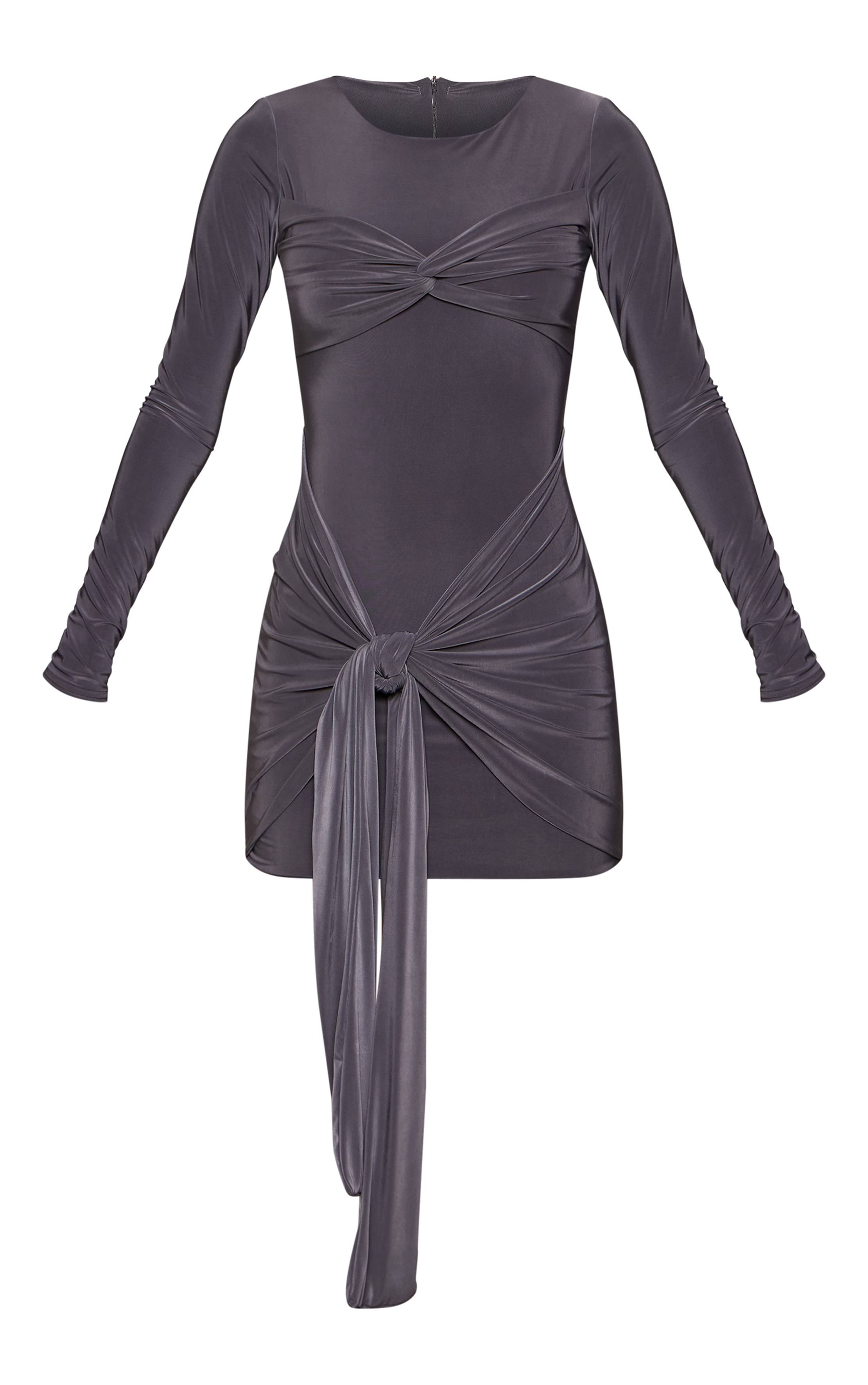 Gris Anthracite Robe Mini Portefeuille Manches Longues En Tissu Slinky Avec Détail Torsadé