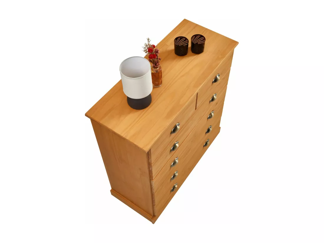 Commode chambre PARIS L 91 cm en bois massif lasuré brun avec 6 tiroirs avec poignées coquille en métal style campagne
