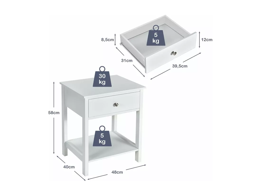 Table de Chevet Lot de 2, Table d'Appoint Moderne pour Chambre, Salon, Canapé, 48 x 40 x 58 CM, Assemblage Facile, Blanc