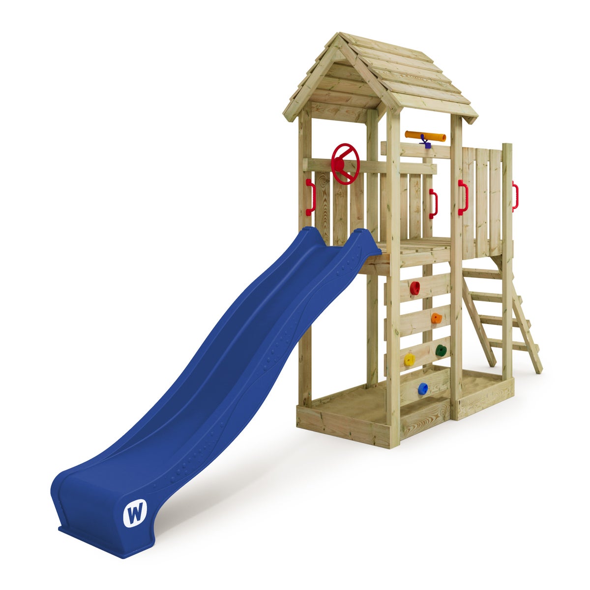 WICKEY JoyFlyer Speeltoren Klimrek met Glijbaan, Klimtoren met Zandbak, Ladder en Speelaccessoires - Blauw