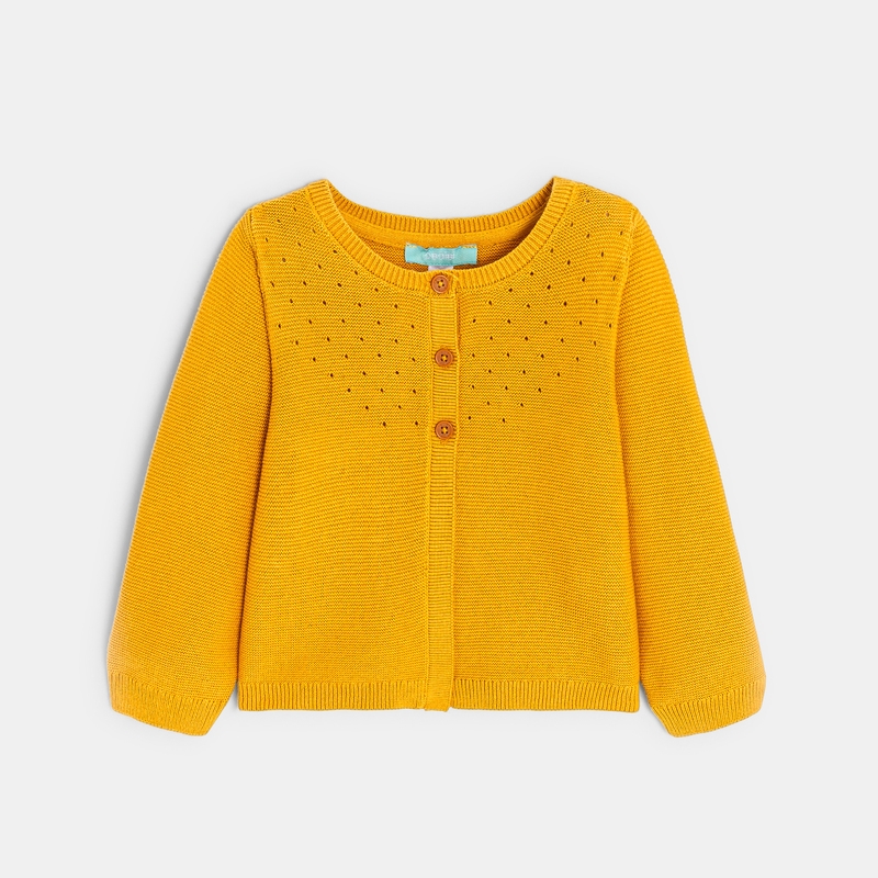 Gilet maille tricot effet pointelle jaune bébé fille