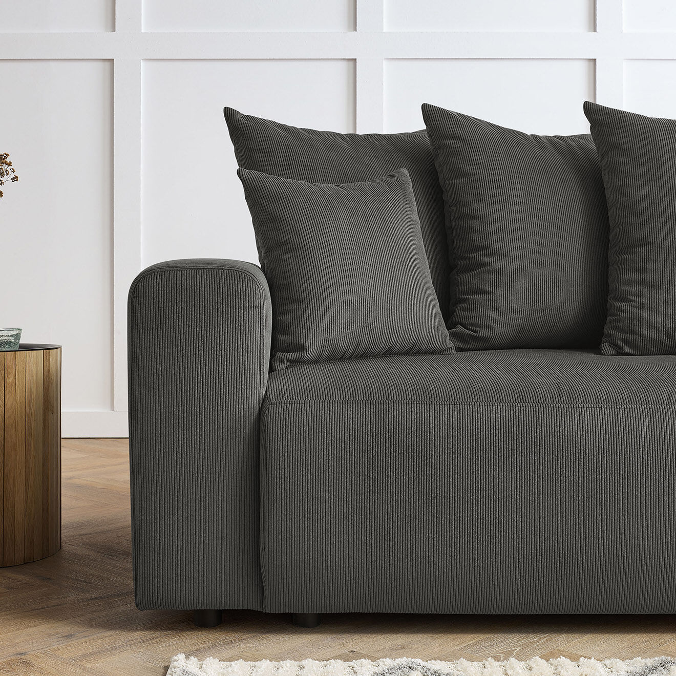 Bobochic Canapé droit fixe 3 places envy velours côtelé gris foncé - 240x100x95 cm