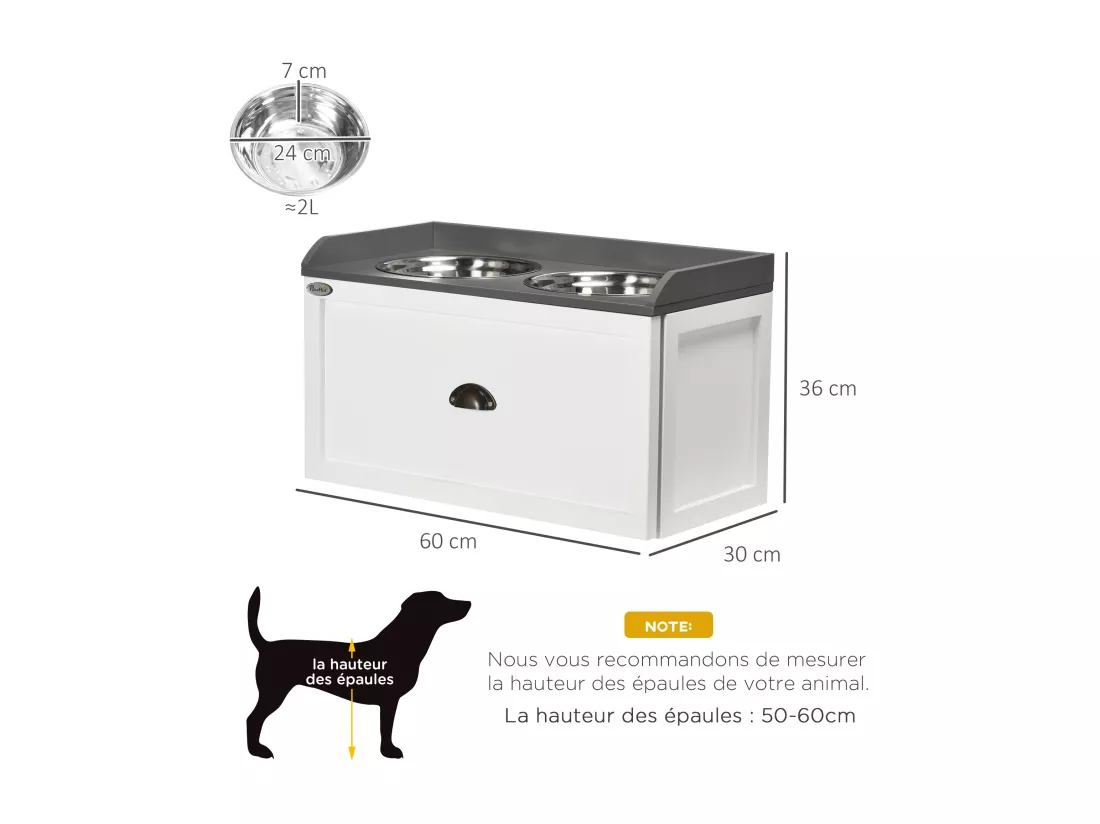 Gamelle double chien chat - porte-gamelles surélevé rangement 2 en 1 - tiroir, 2 gamelles - acier inox. MDF blanc gris