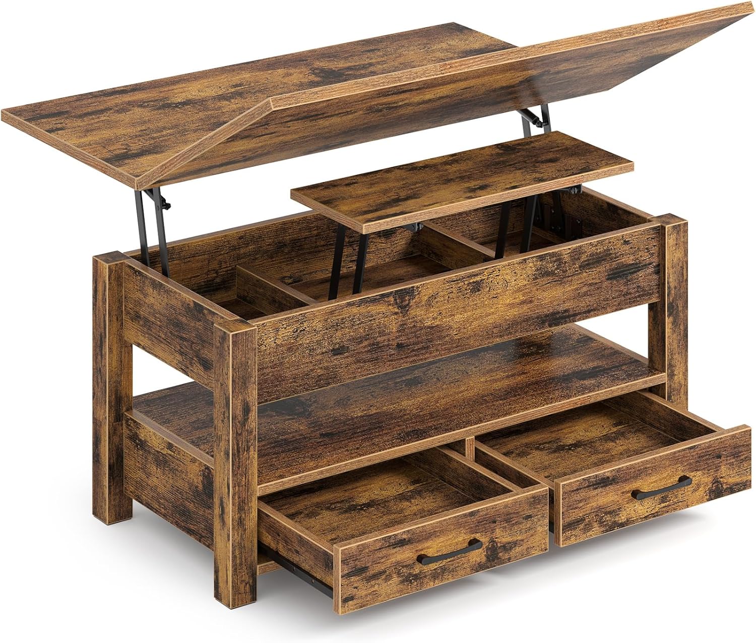 Rolanstar Couchtisch Höhenverstellbar, Wohnzimmertisch mit Schublade & verstecktem Fach, Kaffeetisch umwandelbar in Esstisch, 100 x 50 cm Sofatisch aus Holz
