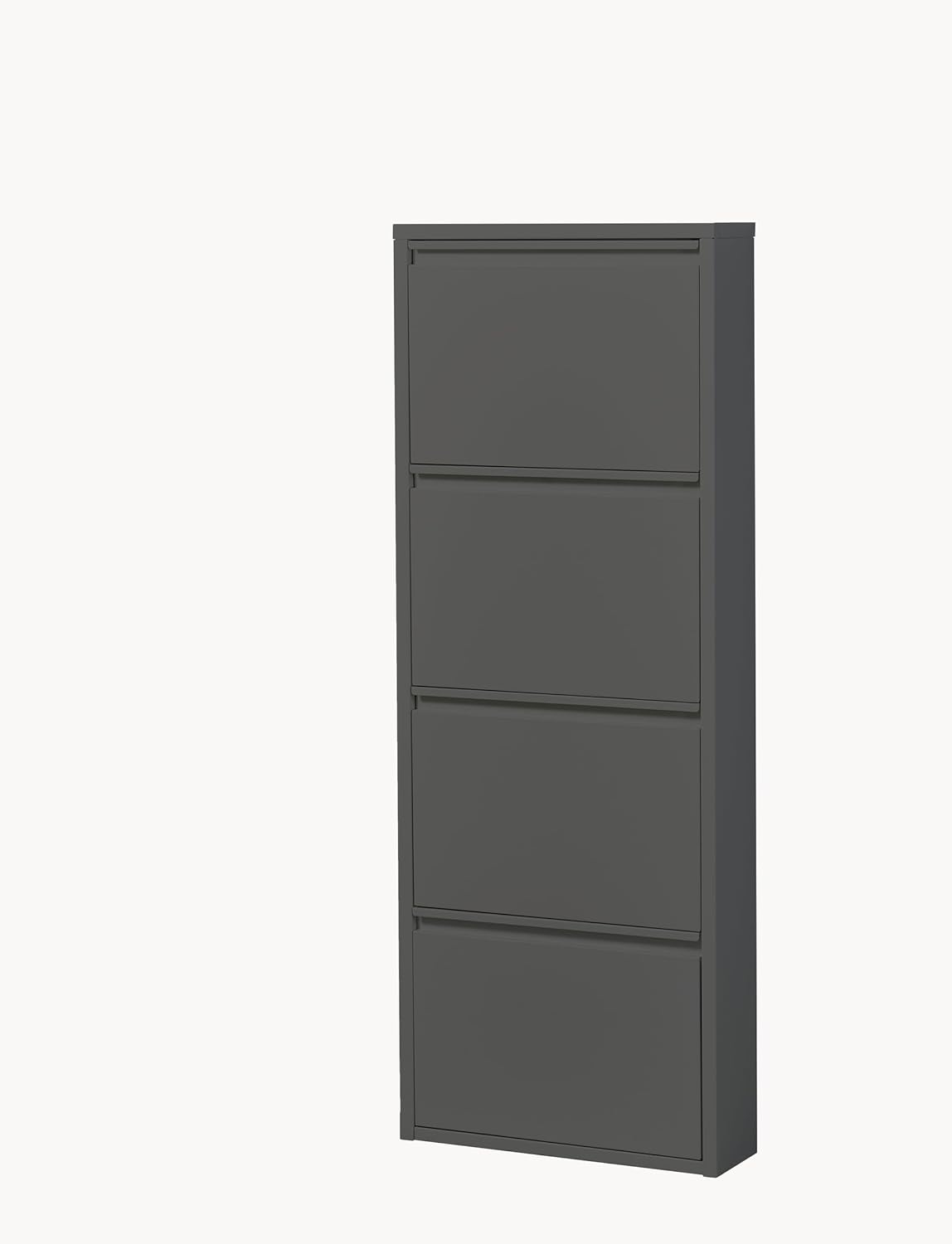 möbelando Schuhkipper >Bert< anthrazit lackierter Metall-Schuhkipper mit 4 Klappen, Griffleisten & Wangenfüße ? platzsparend, ca. 8 Paar Schuhe ? 51x137x16 cm ? zerlegt geliefert, modern & schlank.
