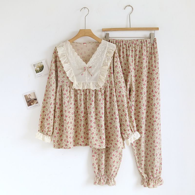 molpes - Pyjamaset: top met lange mouwen, kanten rand en strik + broek