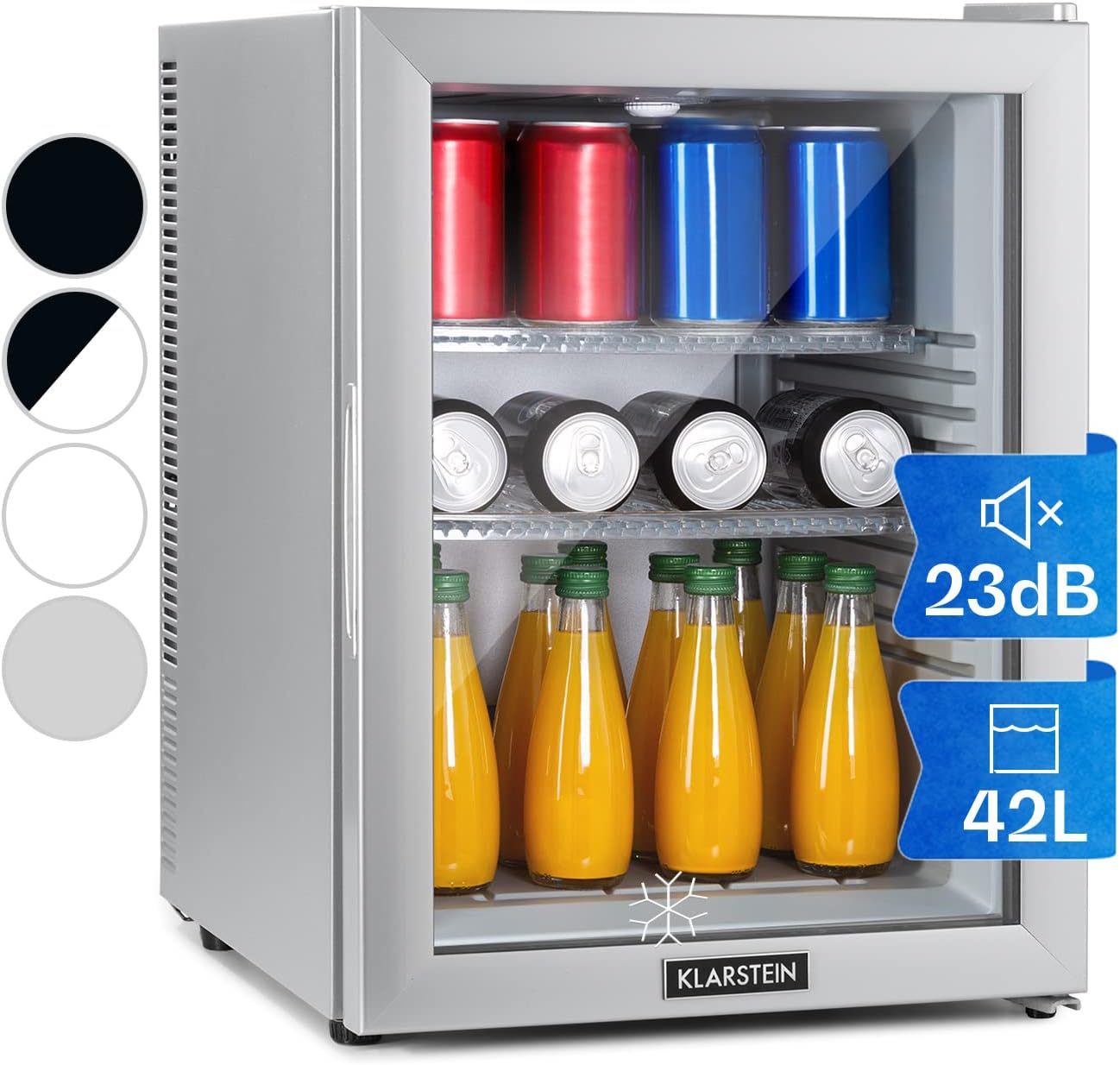 Klarstein Kühlschrank, Mini Kühlschrank mit Glastüre, Mini-Kühlschrank für Getränke, Snacks & Kosmetik, Kühlschrank Klein & Leise, Verstellbare Ablagen, Kleiner Skincare Kühlschrank 12-18°C, 42L