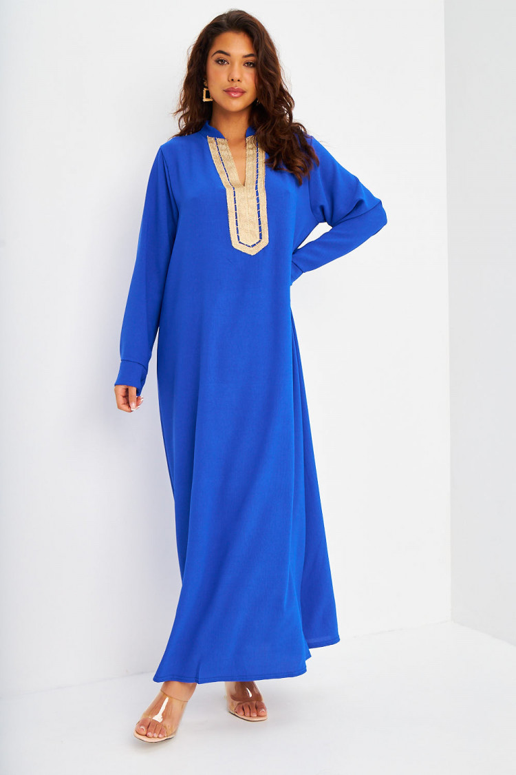 ABAYA bleu électrique décolleté V broderie dorée