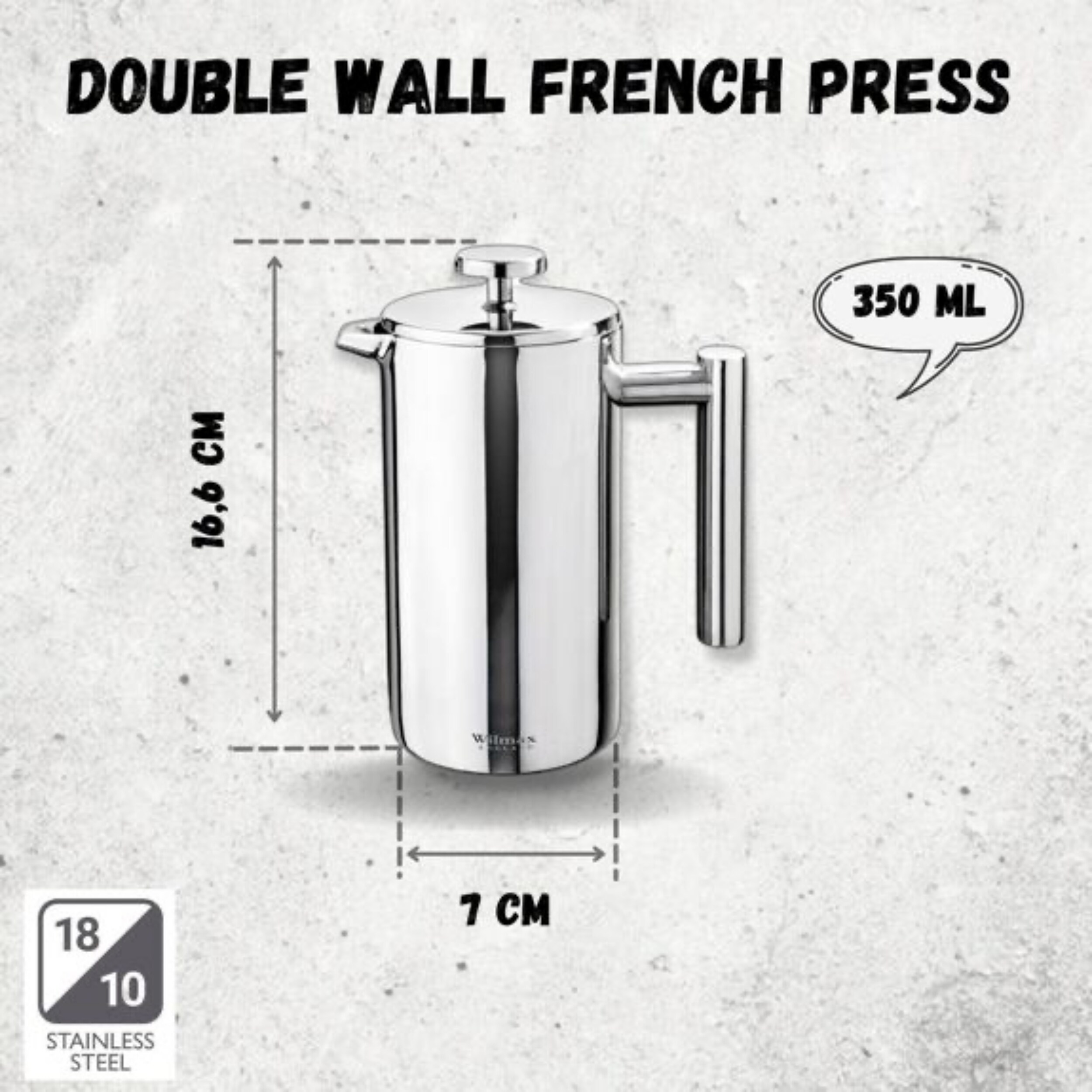 WILMAX doppelwandige French Press aus Edelstahl – 350 ml, elegante Kanne für Kaffee und Tee