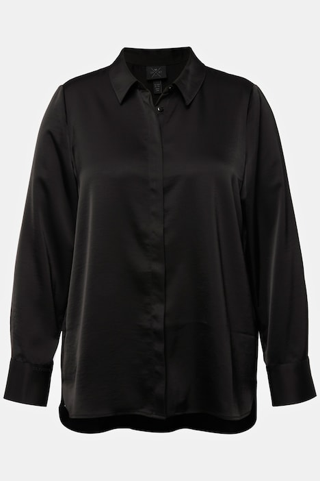 Satin-Hemdbluse, hinten länger, Hemdkragen, Langarm
