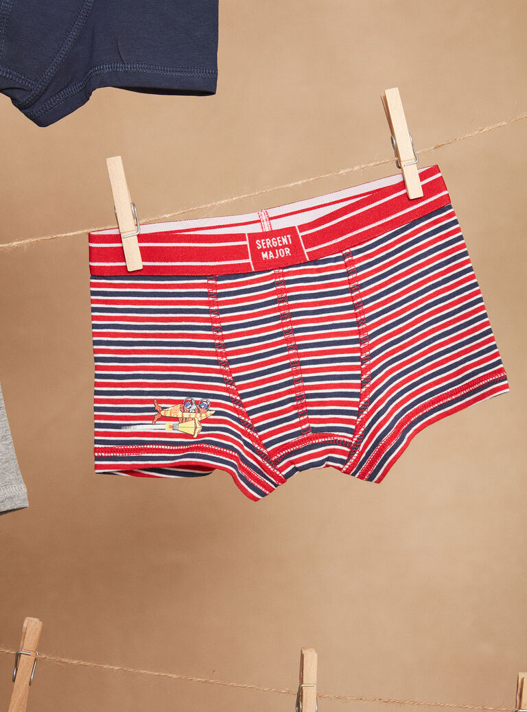 3 boxers bleu marine, rouge et gris à motif galaxies et imprimé à rayures