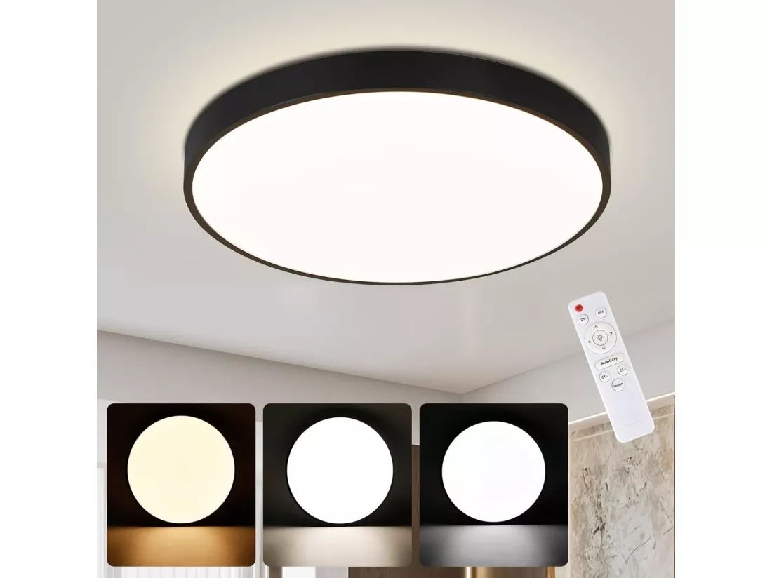 NETTLIFE Plafonnier LED dimmable avec télécommande 36W lampe de salle de bain noir IP44 étanche plat 37cm rond