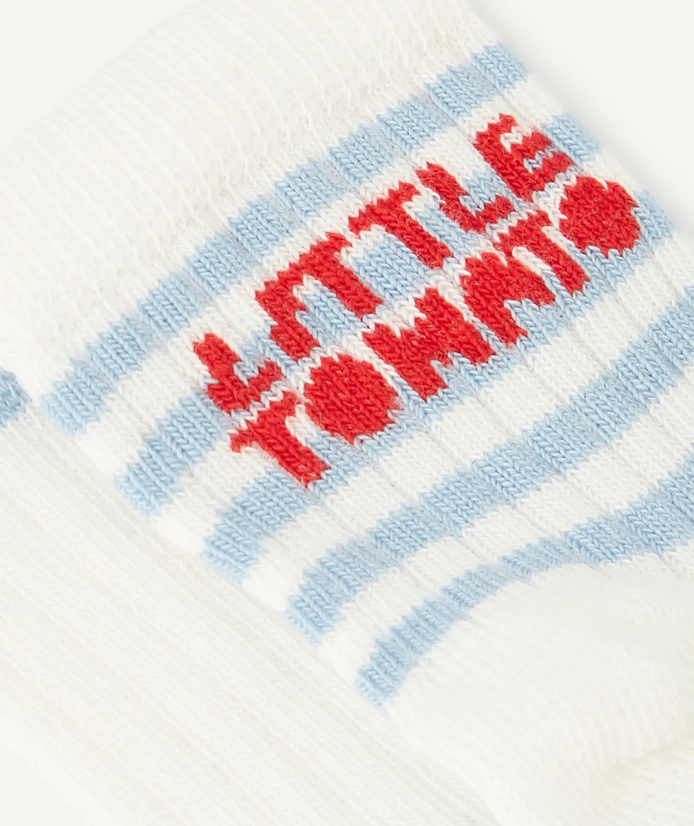 CHAUSSETTES HAUTES BÉBÉ GARÇON EN COTON BIO À RAYURES AVEC MESSAGE TOMATE