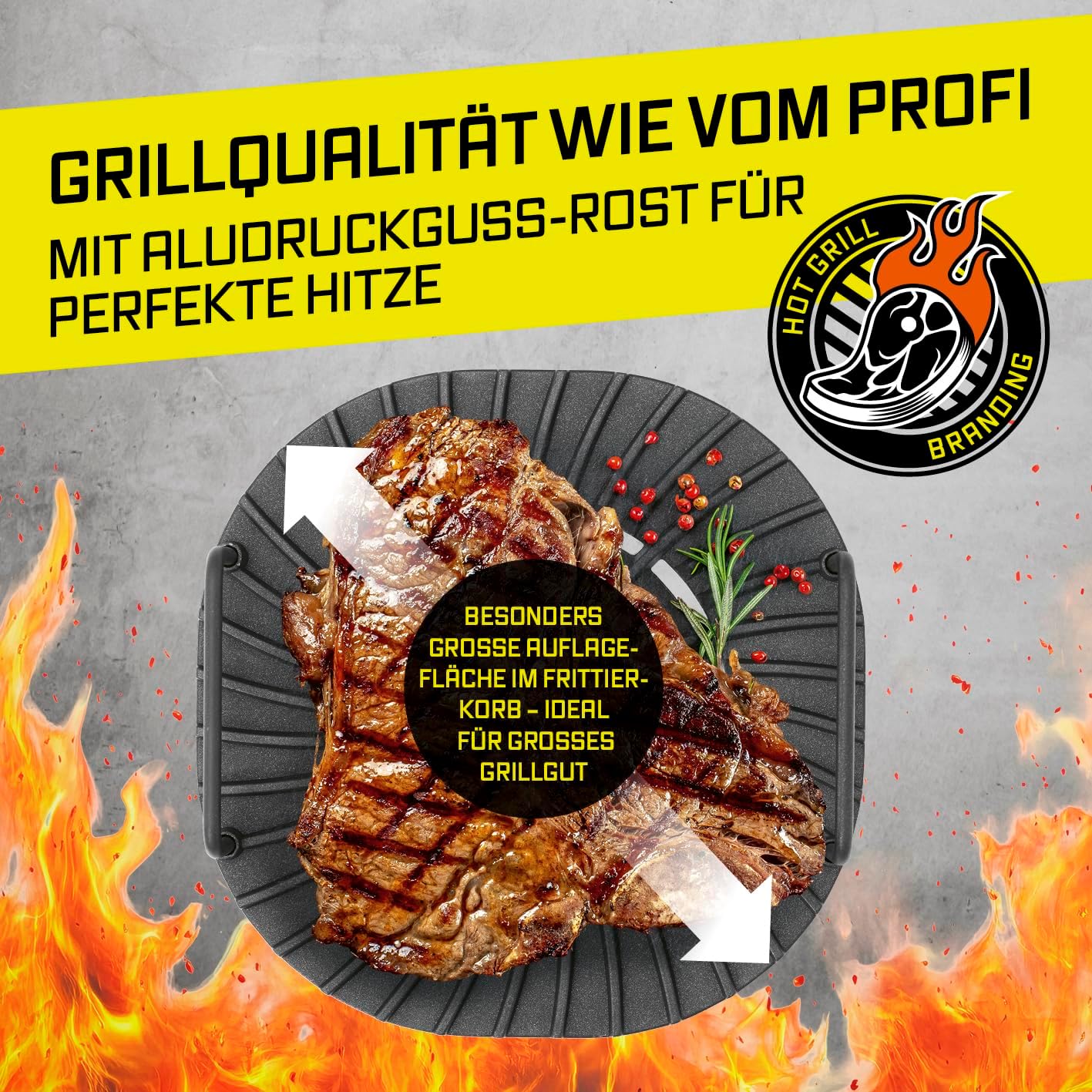 GOURMETmaxx Heißluftfritteuse FryBBQ | Airfryer mit Ober-/Unterhitze | 5 L Multikocher Heissluftfritteuse mit 5 Modi inkl. Dörren | 2in1: Fritteuse & Grill – mit Aludruckguss-Rost & Grillthermometer