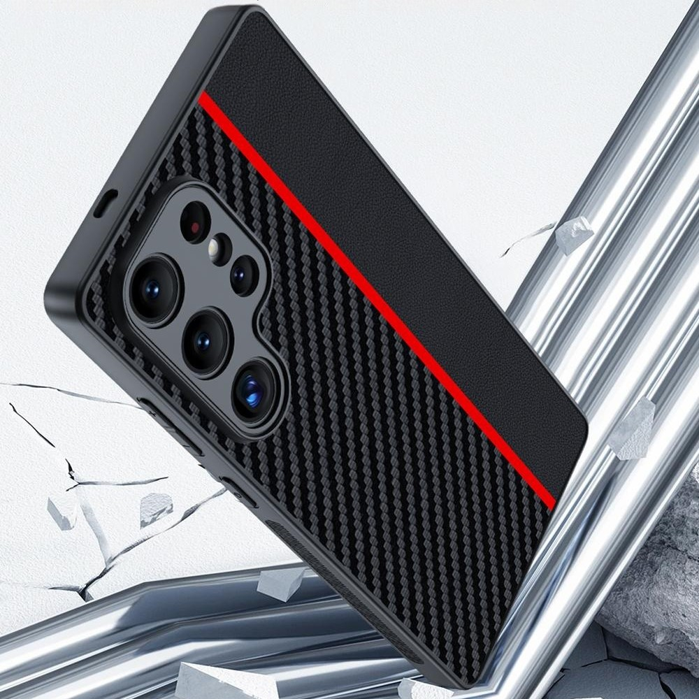Samsung Galaxy S25 Ultra Hybrid Hardcase Hülle im Carbon Leder Look - Schwarz / Rot