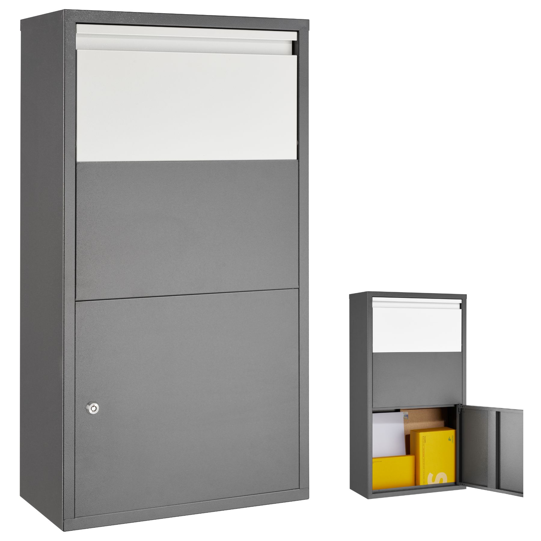 tectake® Paketbox, mit integrierter Rückholsperre, zur Wandmontage, Paketmaße bis 39 x 30 x 12 cm