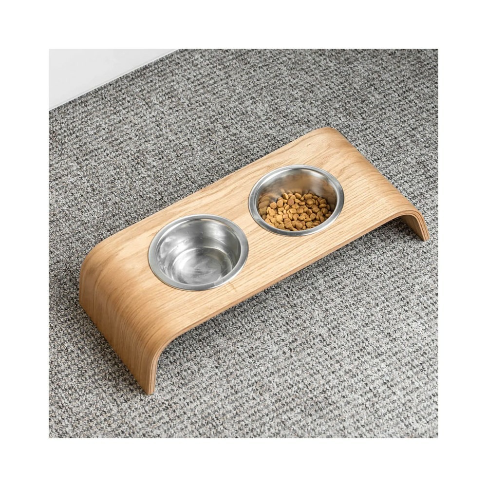 Gero - set de 2 gamelles surélevées en acier, socle bois chêne