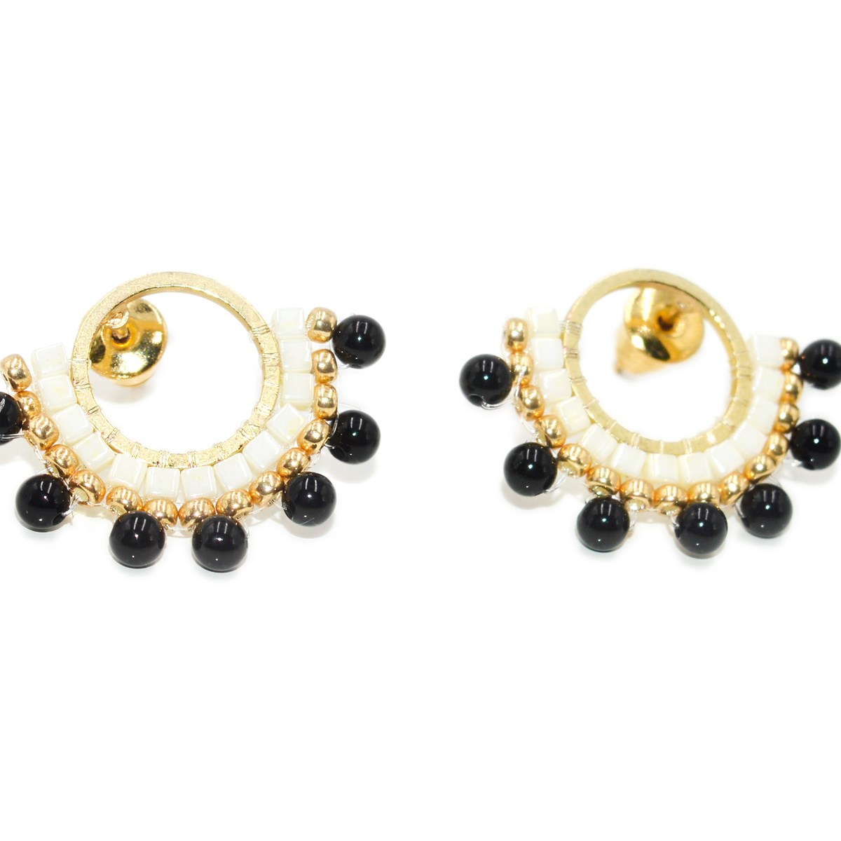 Boucles d'oreilles puces perles tisssées mains miyuki/Onyx-Doré à l'or fin