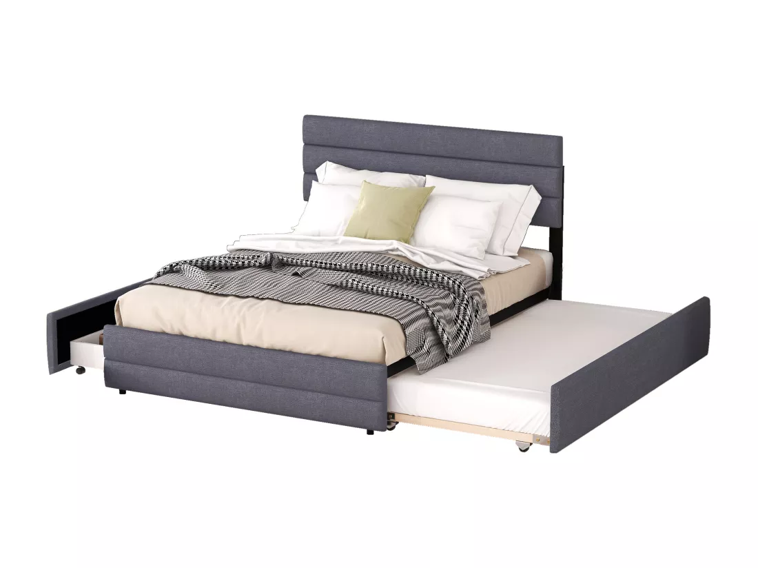 Lit adulte 140x200cm en tissu lin - avec un lit gigogne 90x190cm et 2 tiroirs - tête de lit réglable - Gris
