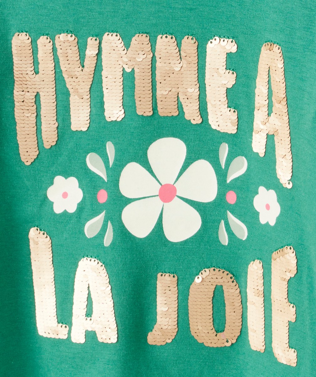 T-SHIRT FILLE EN COTON BIO VERT AVEC MESSAGE EN SEQUINS RÉVERSIBLES