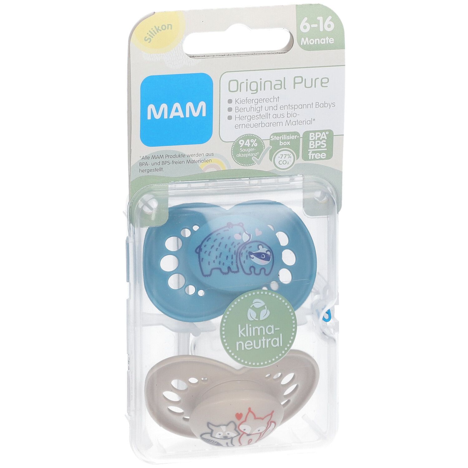MAM Original Pure Silikonschnuller 6-16 Monate, Bär/ Fuchs