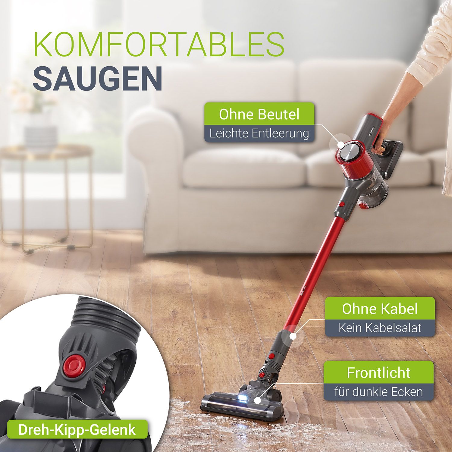 Juskys 2-in-1 Akkustaubsauger VC2101 mit Zubehör & Wandhalterung - Akku Staubsauger Anthrazit - Rot