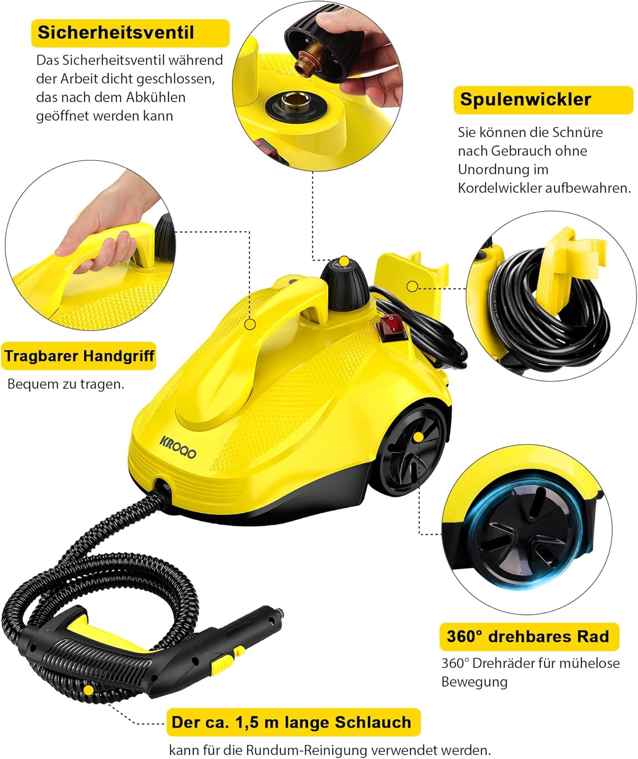 Dampfreiniger, fünf Meter langes Netzkabel, geeignet für die Reinigung von Backöfen, Sofas, Polstermöbeln und Spielzeug, mit 23 Zubehörteilen für eine effektive Fleckenentfernung.