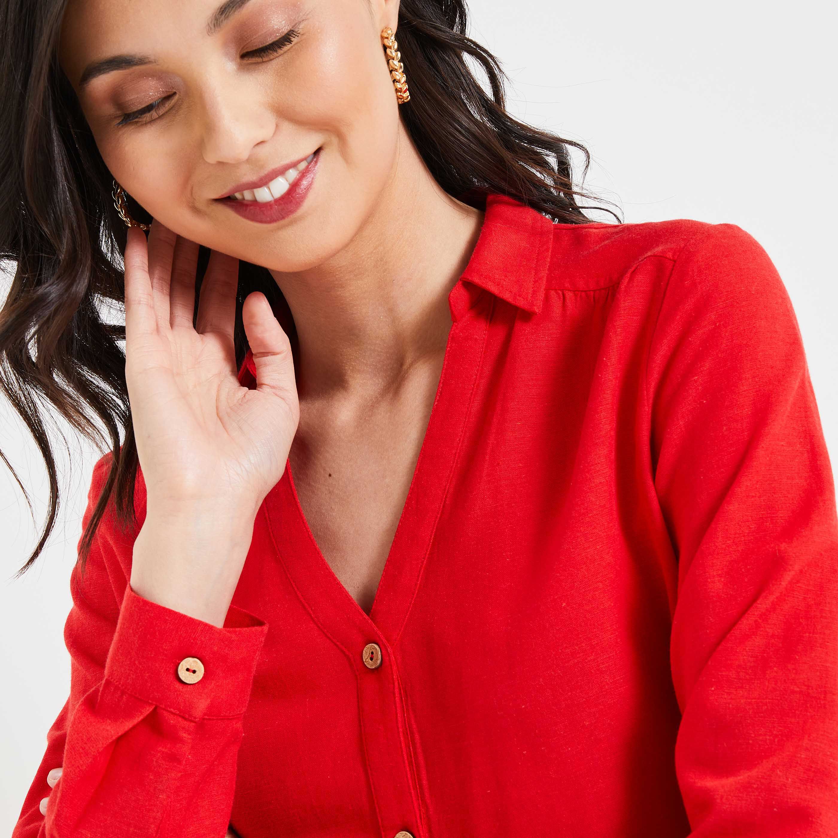 Chemise manches longues unie femme - ROUGE