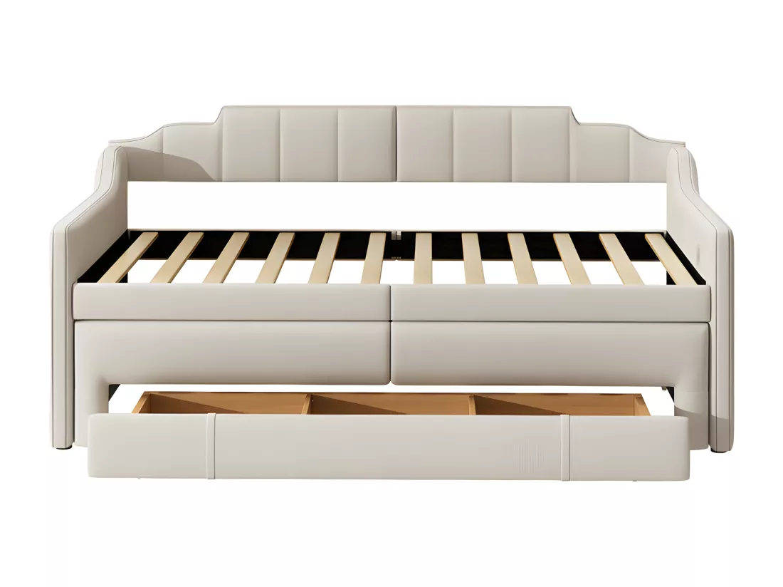 Lit banquette avec tiroirs rembourré en lin - 90x200cm + 90x190cm - Beige