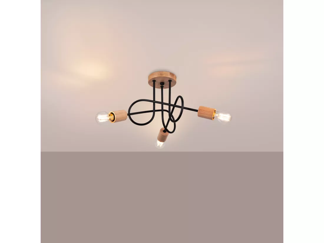 Lustre Ember minimaliste en acier/bois - 3 sources lumineuses - L.14 x H.26 cm - noir/bois naturel