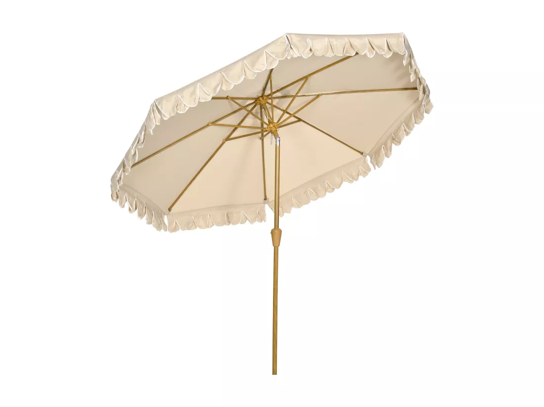 Parasol octogonal inclinable Ø 2,65 x 2,35H m mât acier aspect bois polyester haute densité 180 g/m² beige