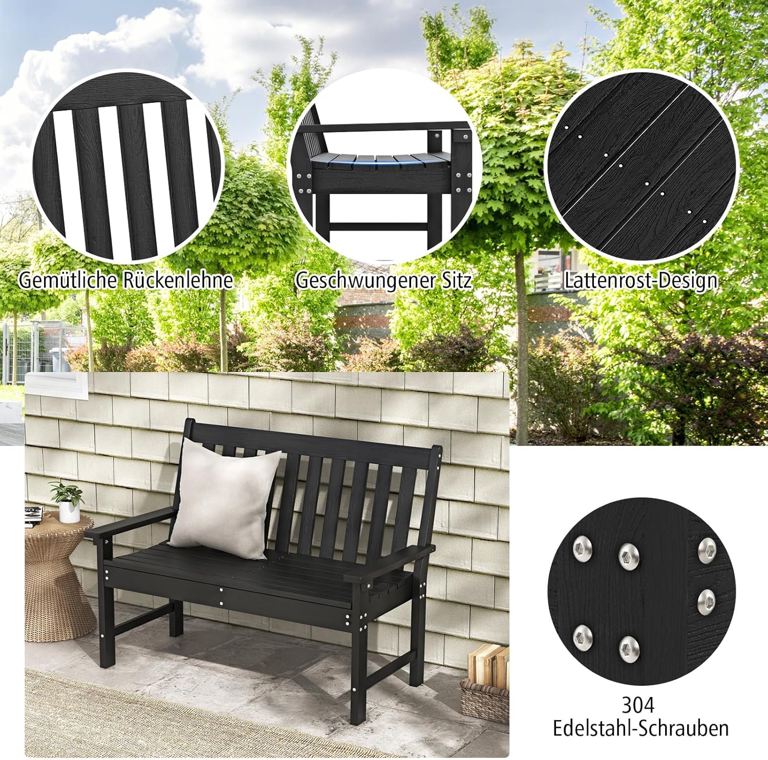 COSTWAY Gartenbank wetterfest, Allwetter-Sitzbank aus HDPE, Parkbank für 2-3 Sitzer, Balkontank bis 320kg belastbar, Terrassenbank für Garten, Balkon und Terrasse, 132 x 65 x 91 cm (Schwarz)