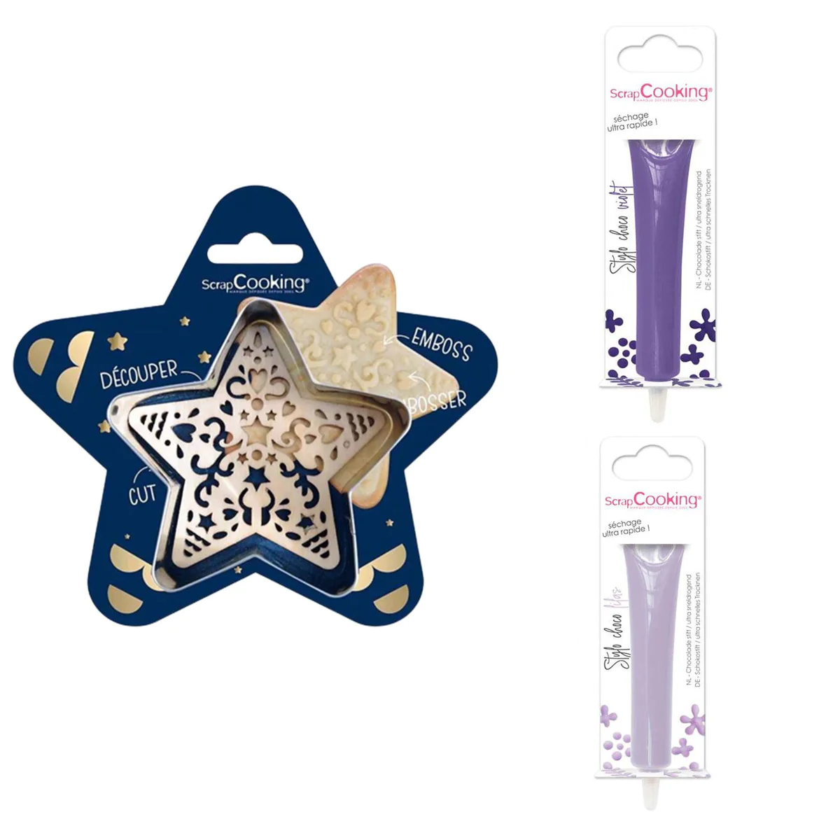 Kit pour biscuit en relief Étoile + 2 Stylos au chocolat violet et lil
